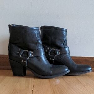 Black Leather Ankle Boots with Harness Detail